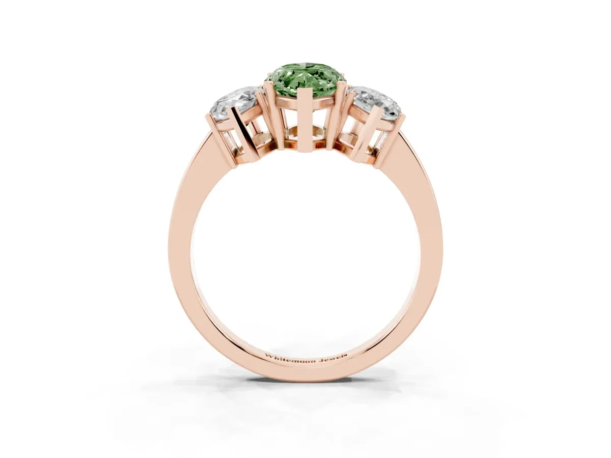 Fancy Green Three-Stone Marquise Cut Cut Diamond Engagement Ring with Flat Band and Four-Prong Setting Rose gold