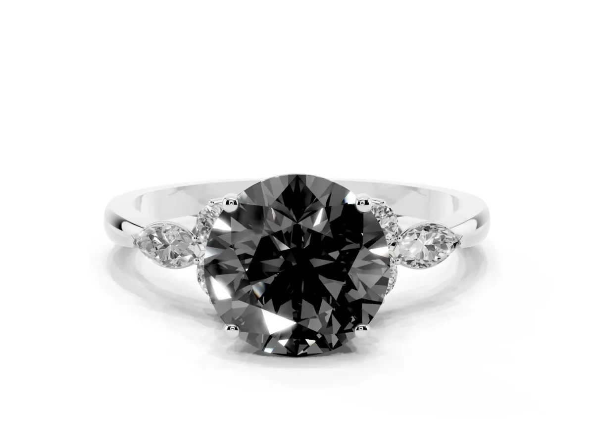 Fancy Black Round Cut Brilliant Diamond Solitaire Ring with Pear Side Stones and Four-Prong Setting Platinum