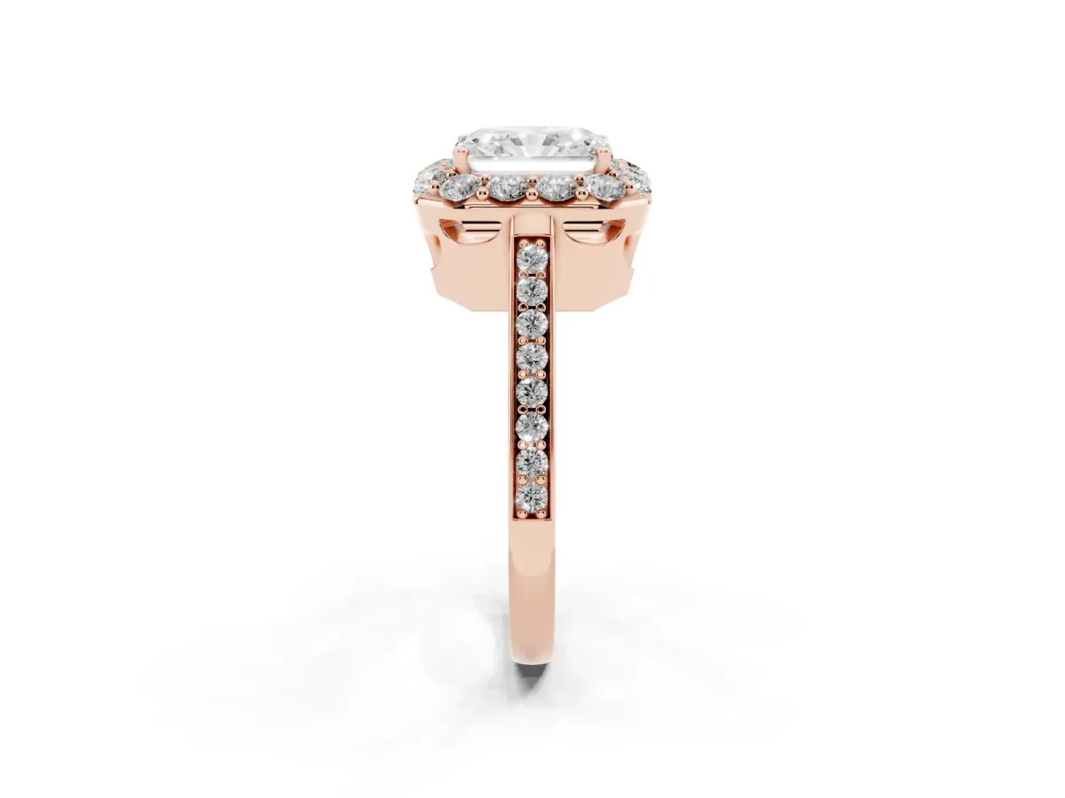 Radiant Cut Diamond Floral Halo Ring with Pavé Band and Prong Setting Rose gold