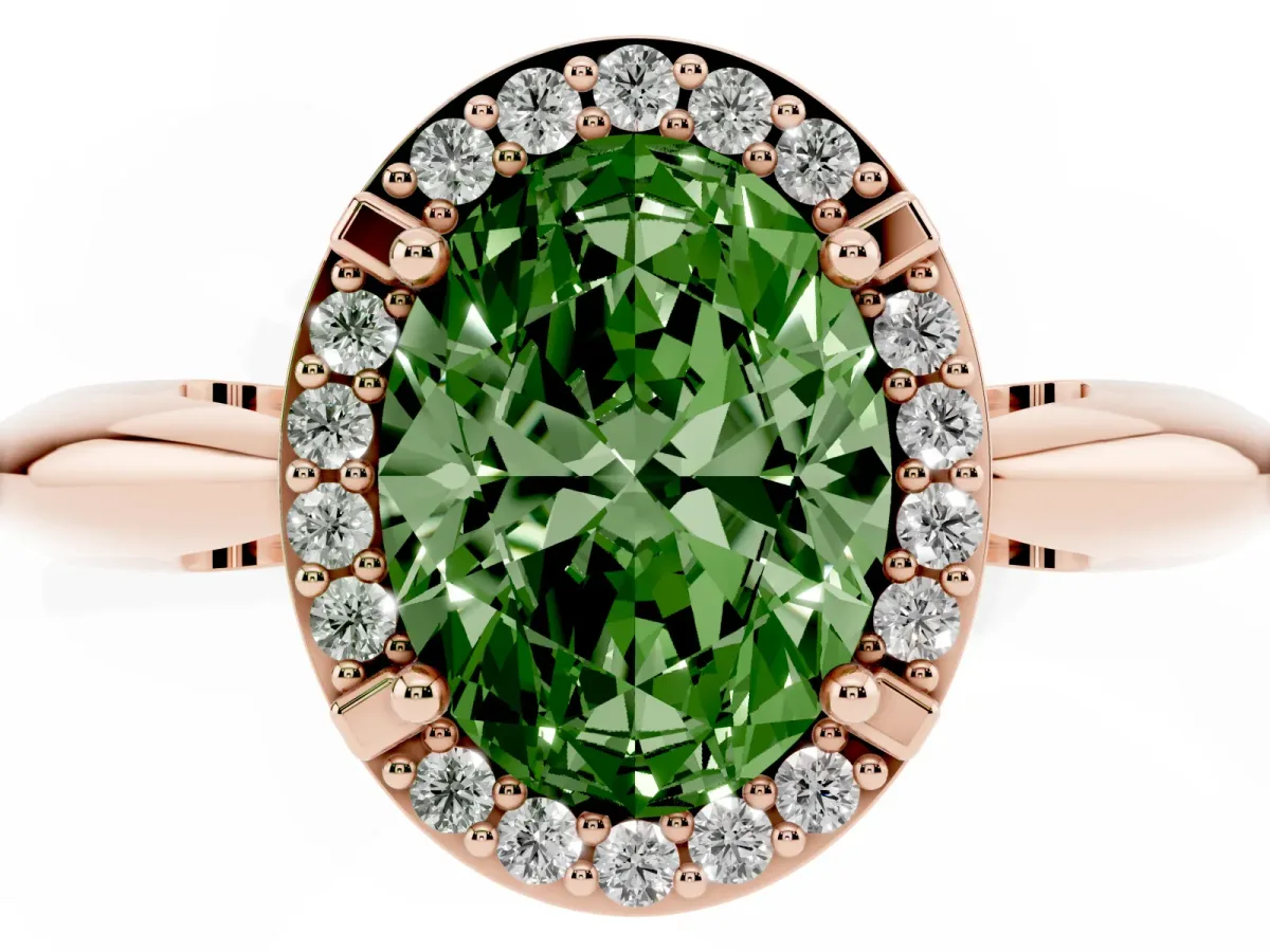 Fancy Green Oval Cut Cut Diamond Halo Engagement Ring with Split Shank and Four-Prong Setting Rose gold
