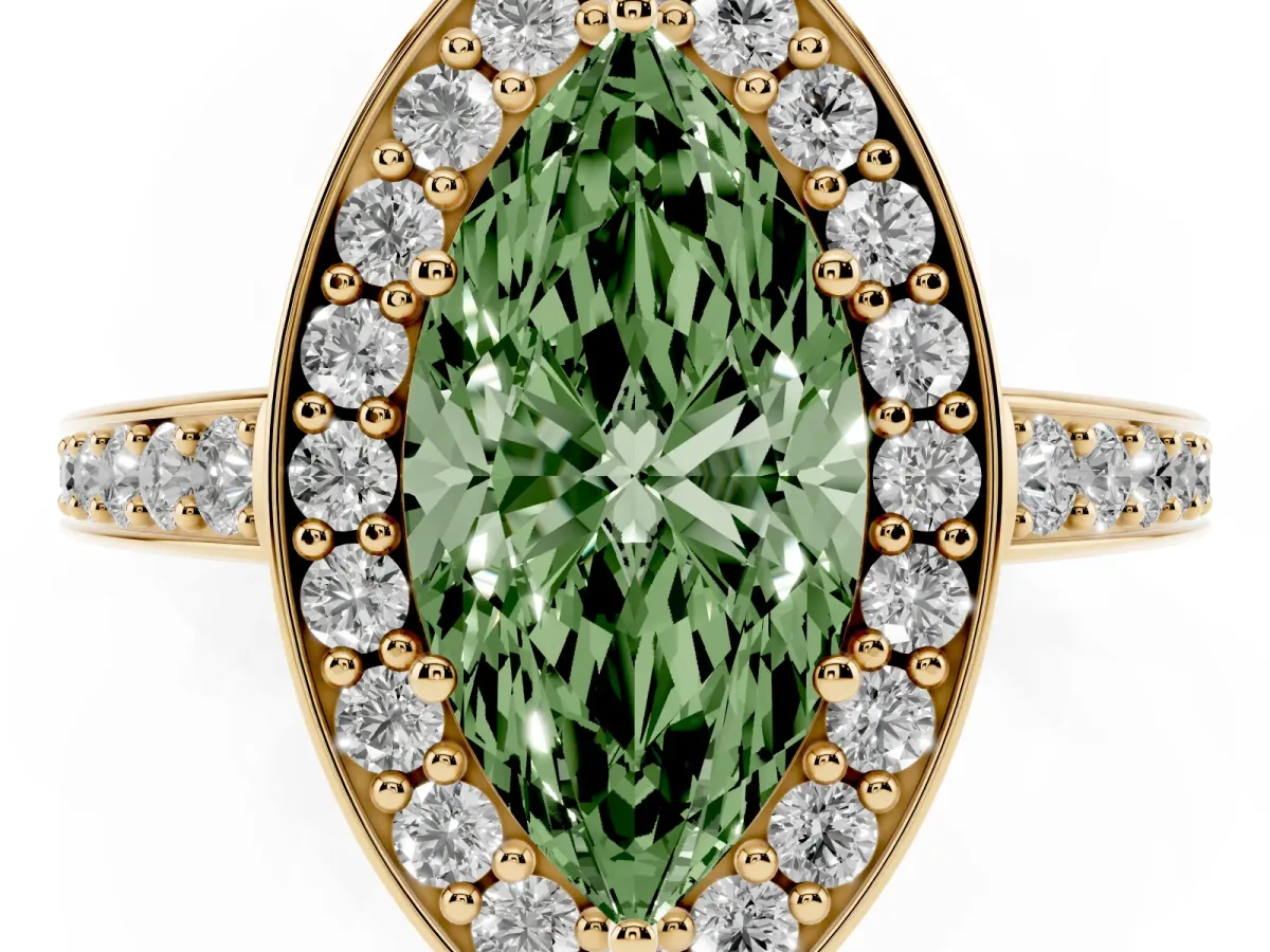 Fancy Green Marquise Cut Halo Pavé Diamond Engagement Ring with Bezel Setting Yellow gold