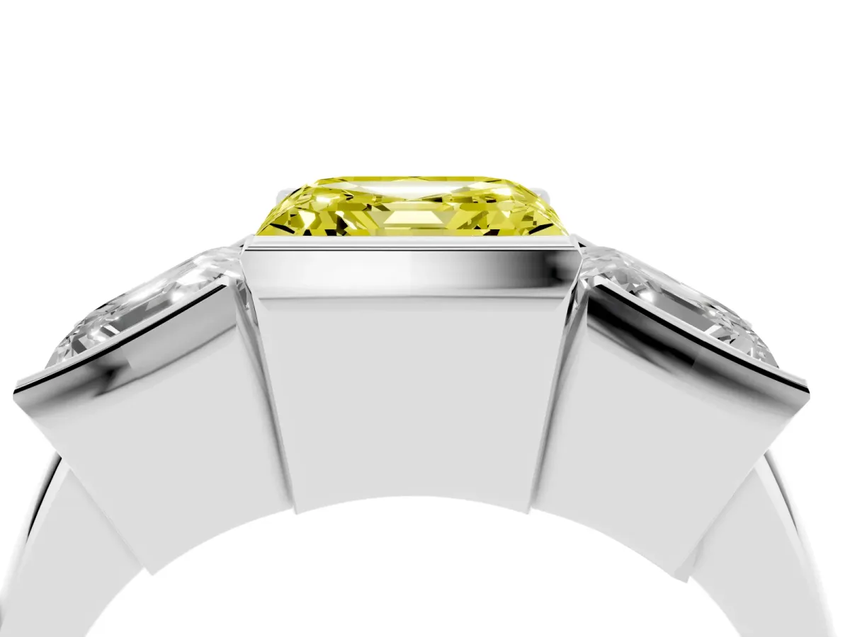 Fancy Yellow Three Stone Asscher Cut Cut Channel Set Diamond Ring Silver