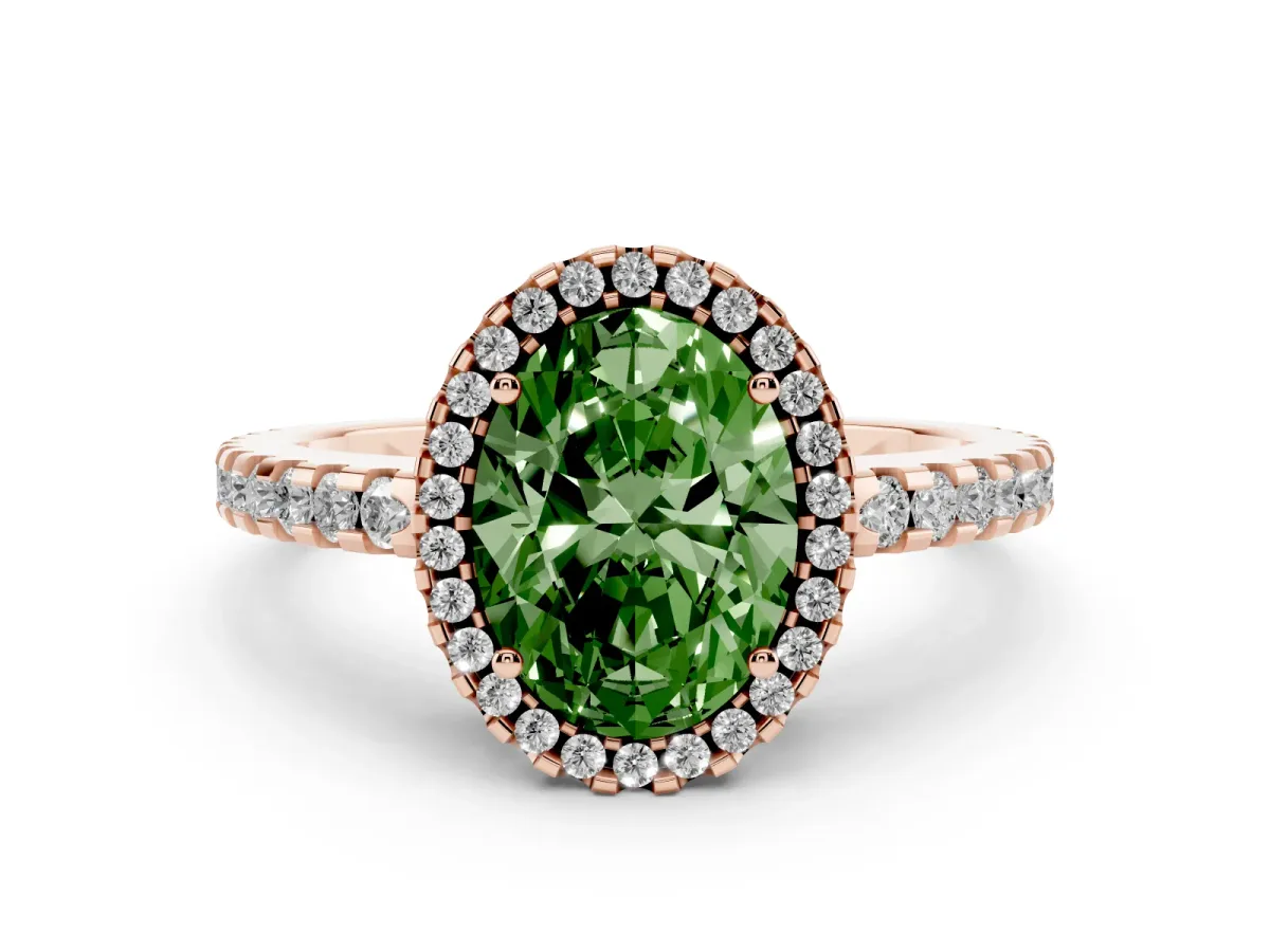 Fancy Green Oval Cut Diamond Halo Engagement Ring with Pavé Band and Prong Setting Rose gold