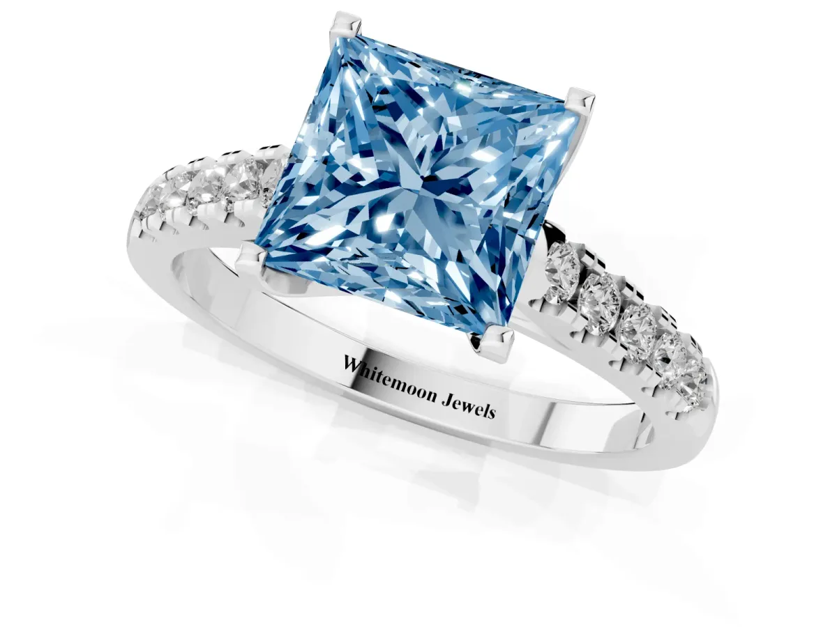 Fancy Blue Princess Cut Diamond Pavé Band Solitaire Ring with Prong Setting Silver