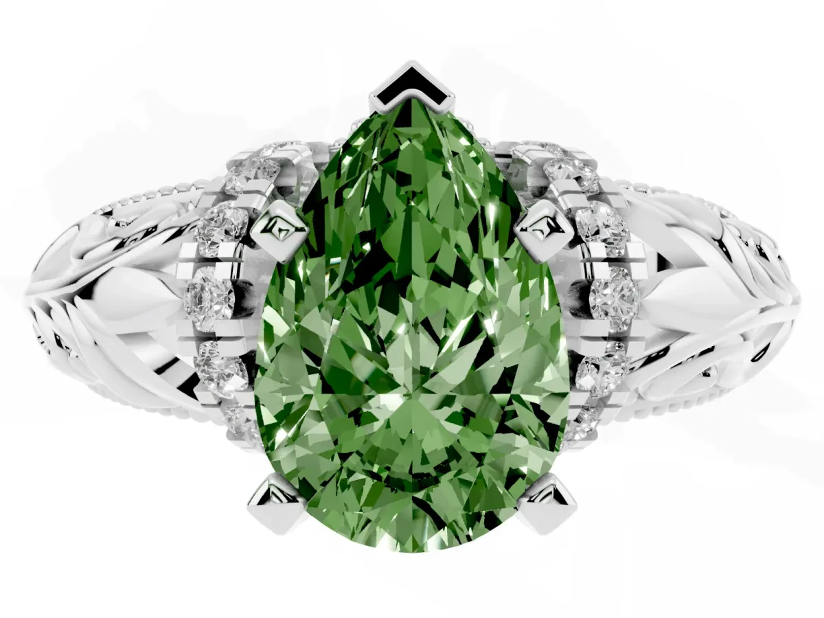 Fancy Green Pear Cut Solitaire Filigree Engagement Ring with Halo and Prong Setting Silver