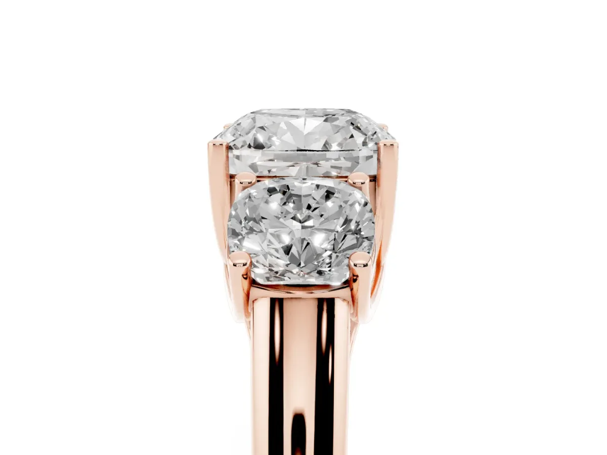 Three-Stone Cushion Cut Diamond Engagement Ring with Prong Setting Rose gold