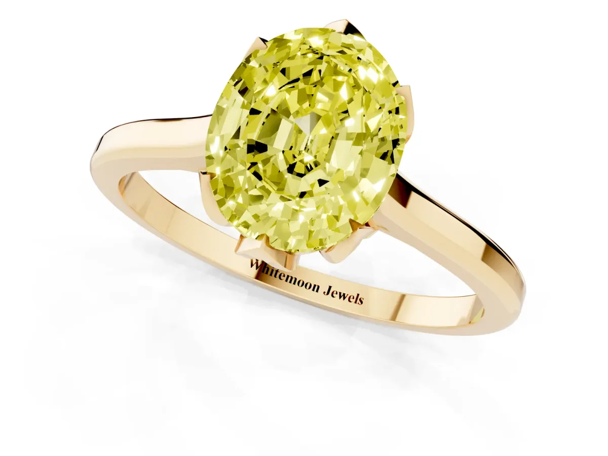 Fancy Yellow Oval Cut Diamond Solitaire Ring with Flower Prong Setting and Classic Band Yellow gold
