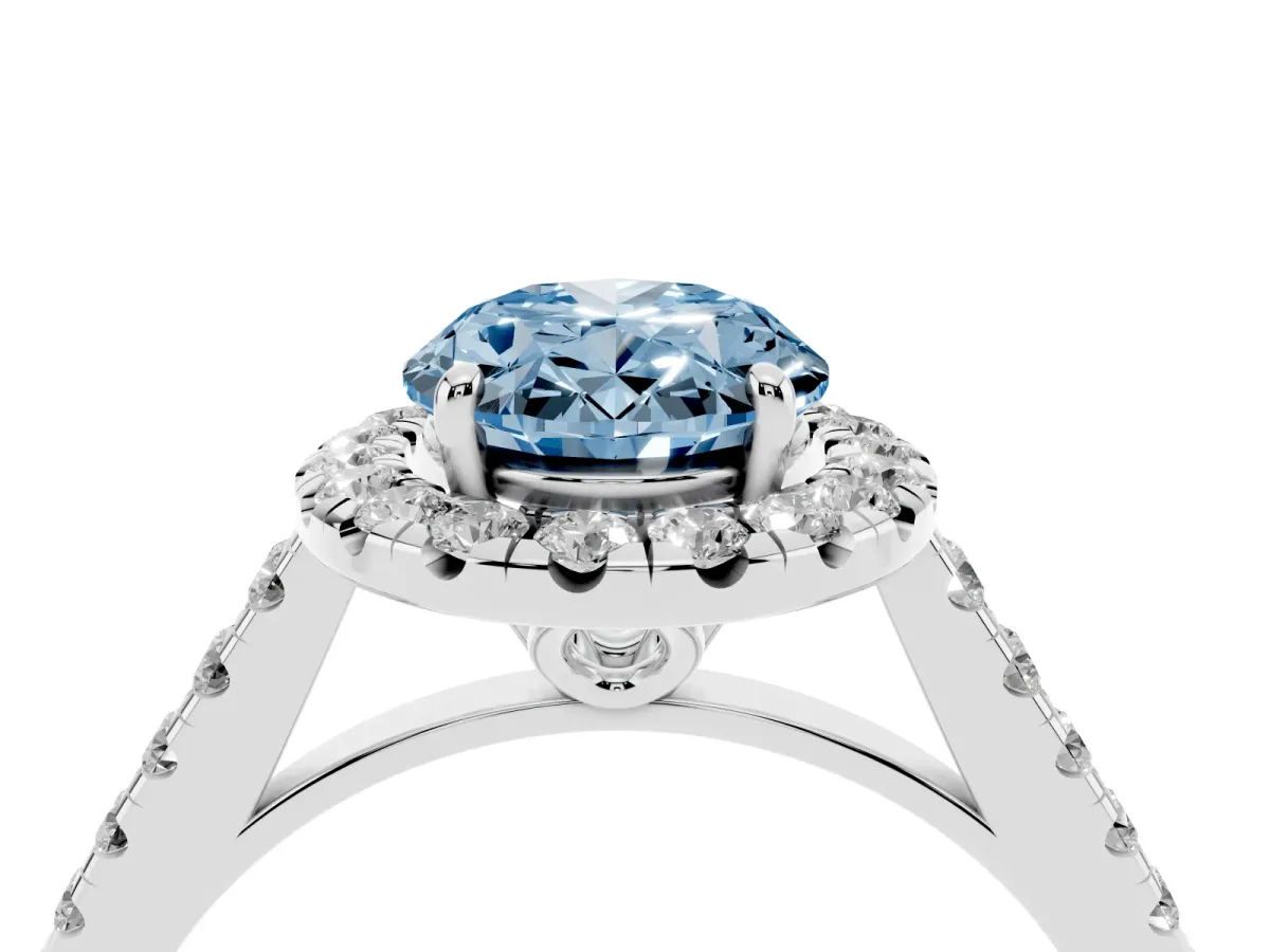 Fancy Blue Oval Cut Halo Pavé Diamond Engagement Ring with Four-Prong Setting White gold