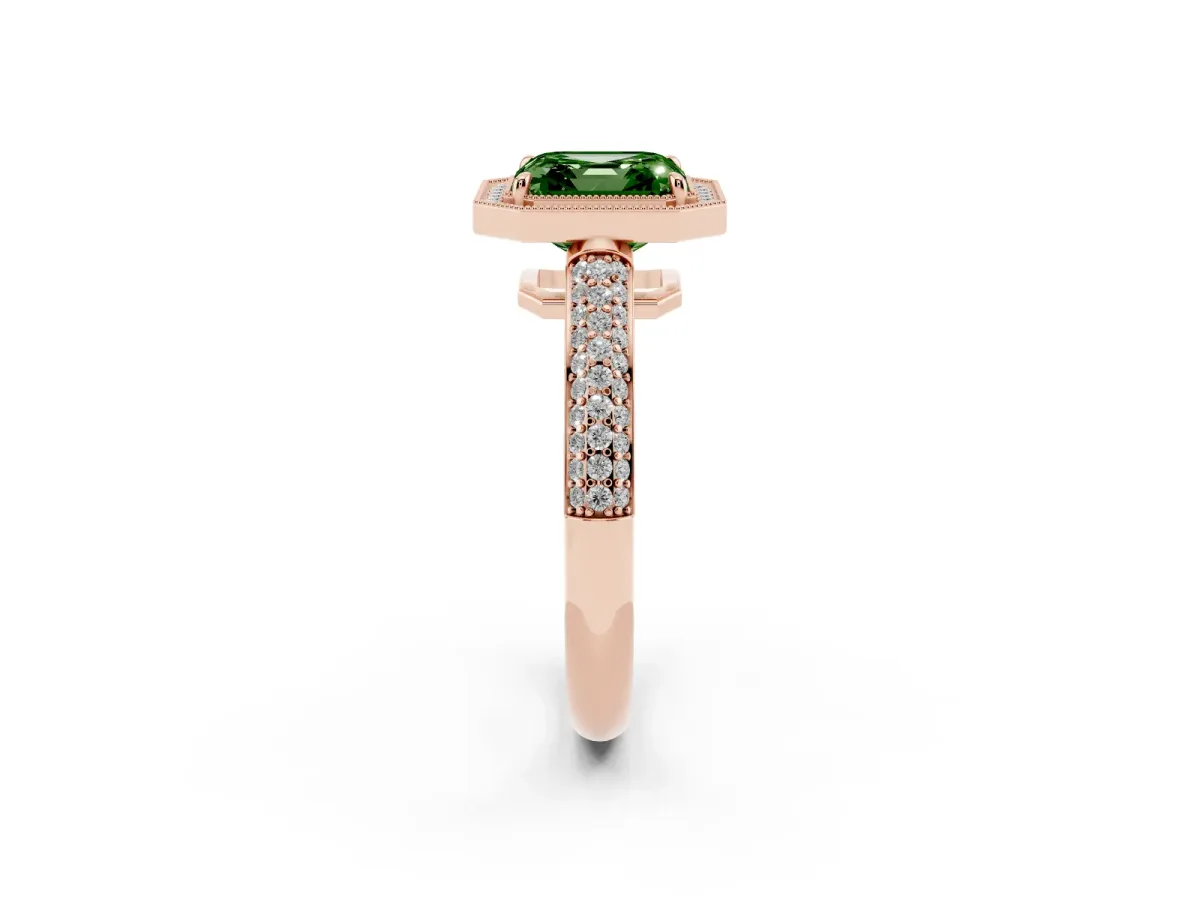 Fancy Green Asscher Cut Cut Halo Diamond Pave Band with Four-Prong Setting Rose gold