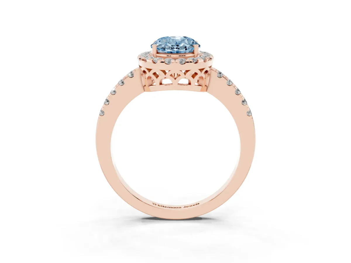 Fancy Blue Oval Cut Halo Diamond Engagement Ring with Pavé Band and Four-Prong Setting Rose gold