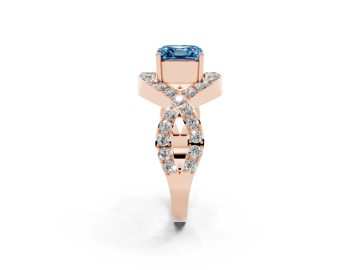Fancy Blue Asscher Cut Solitaire Twist Band Pavé Diamond Engagement Ring Rose gold