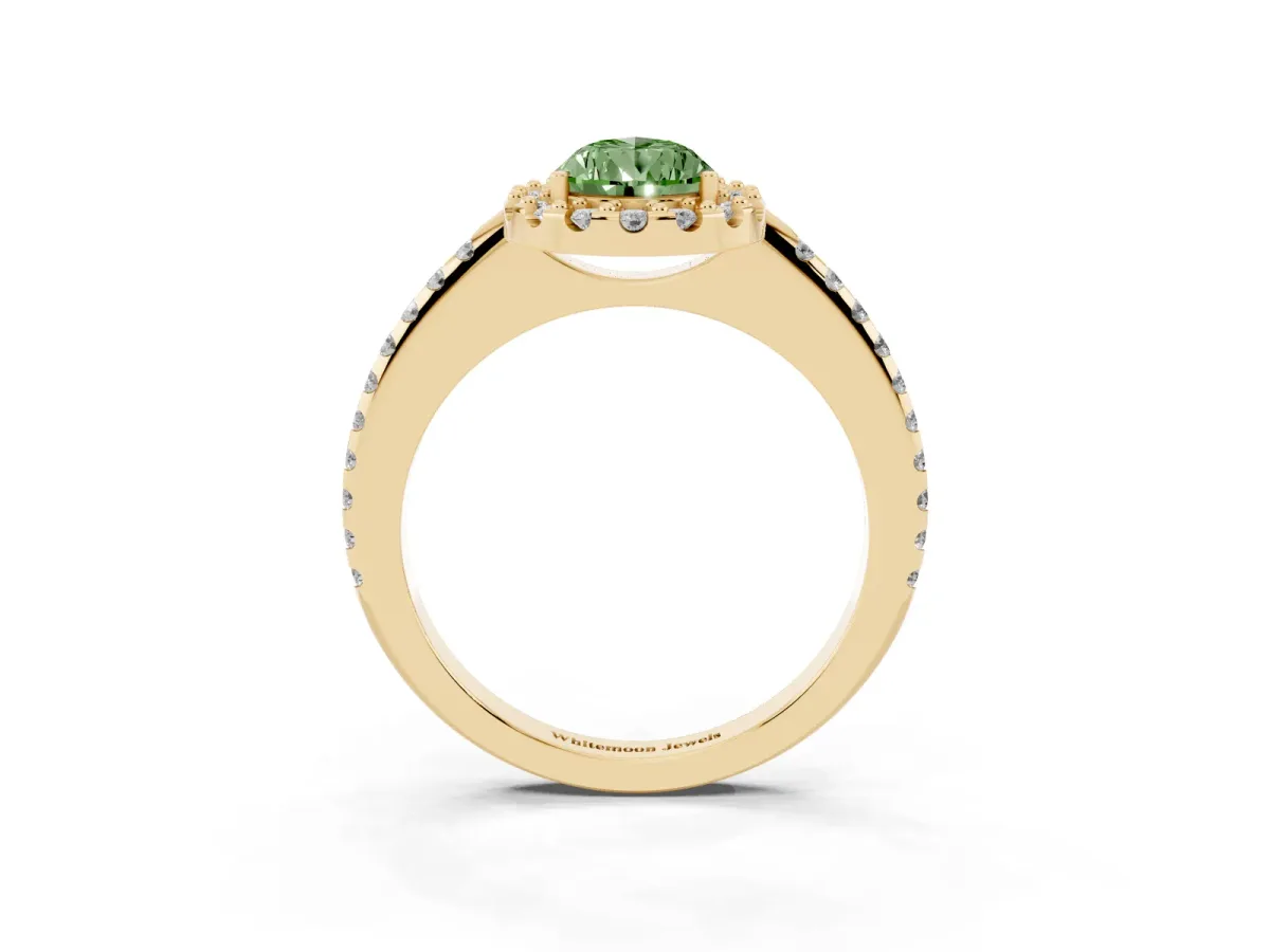 Fancy Green Pear Cut Diamond Pavé Halo Ring with Four-Prong Setting Yellow gold