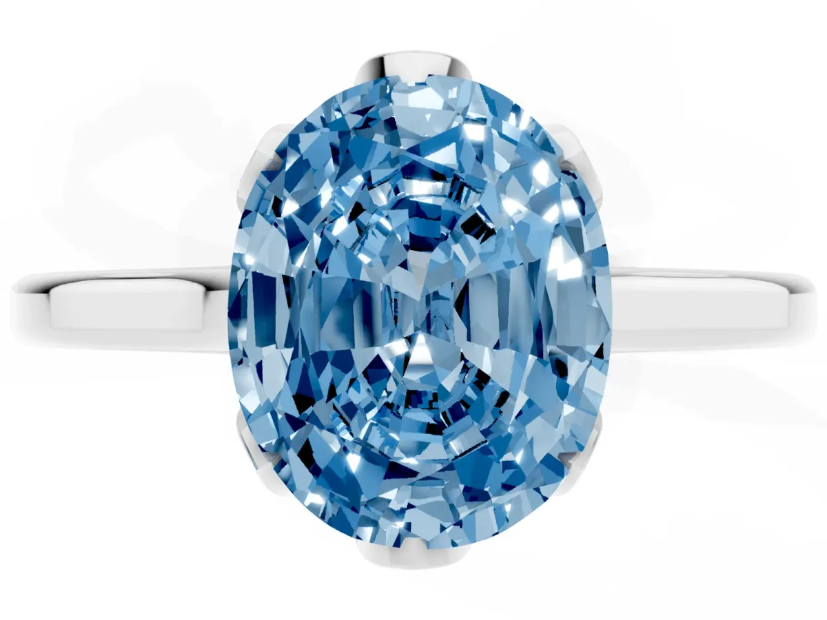 Fancy Blue Oval Cut Diamond Solitaire Ring with Flower Prong Setting and Classic Band Silver