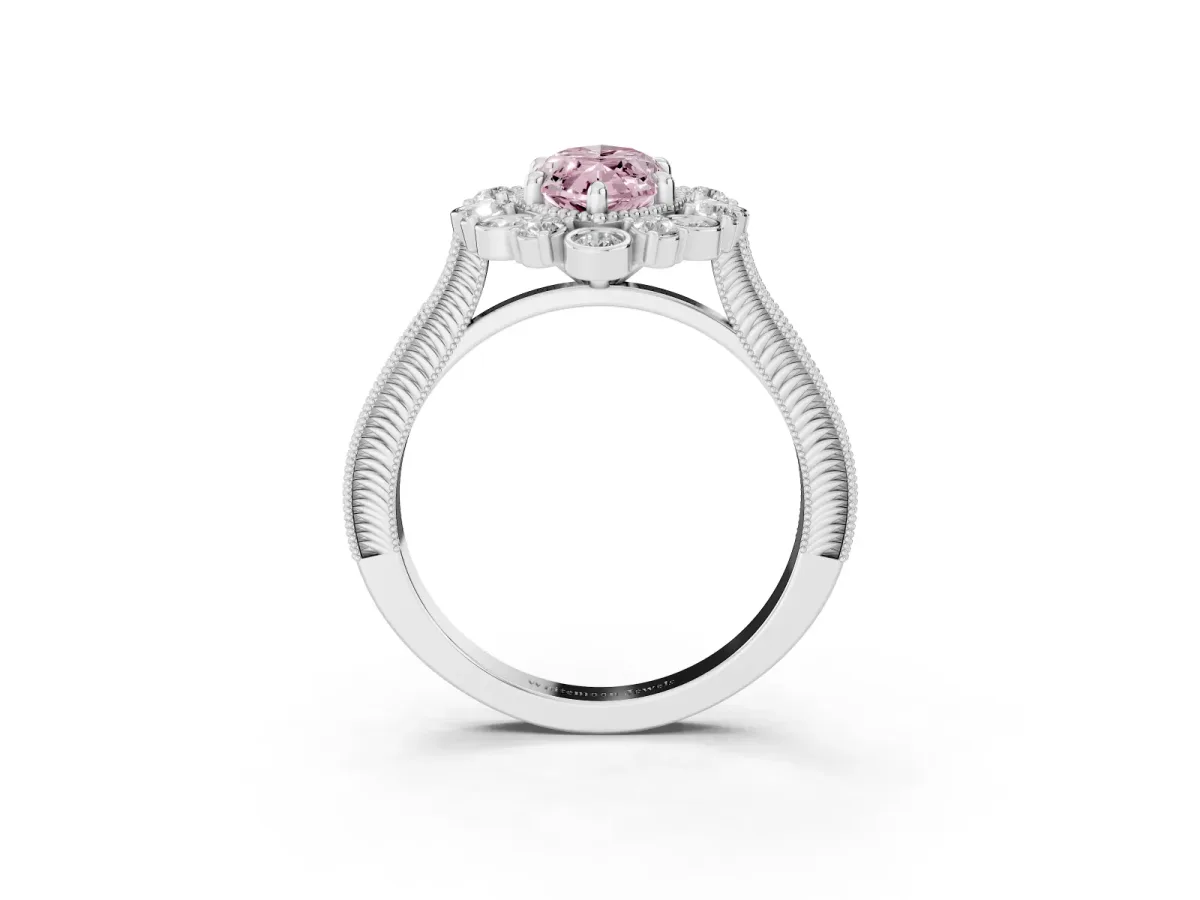 Fancy Pink Marquise Cut Halo Milgrain Pave Diamond Ring with Four-Prong Setting Platinum