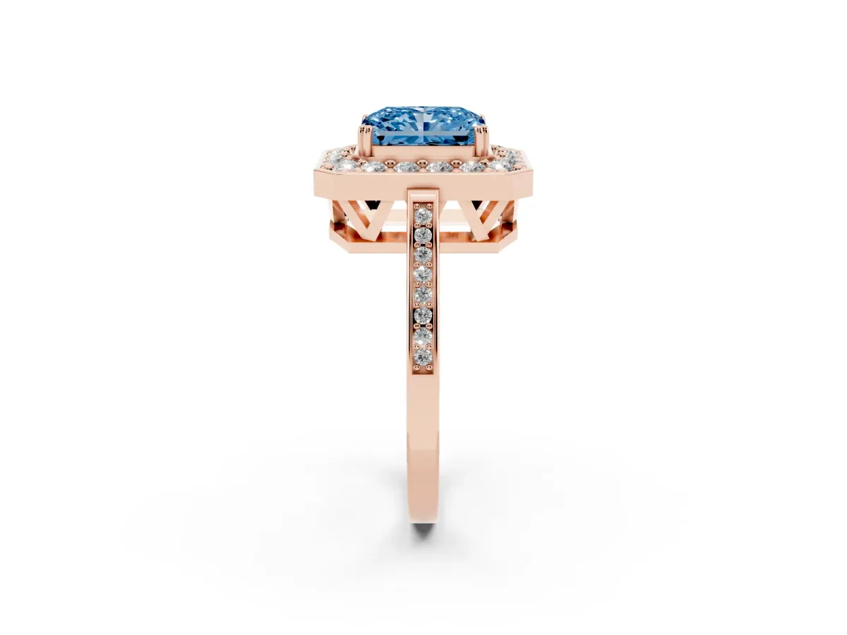 Fancy Blue Radiant Cut Diamond Halo Ring with Split Shank and Four-Prong Setting Rose gold