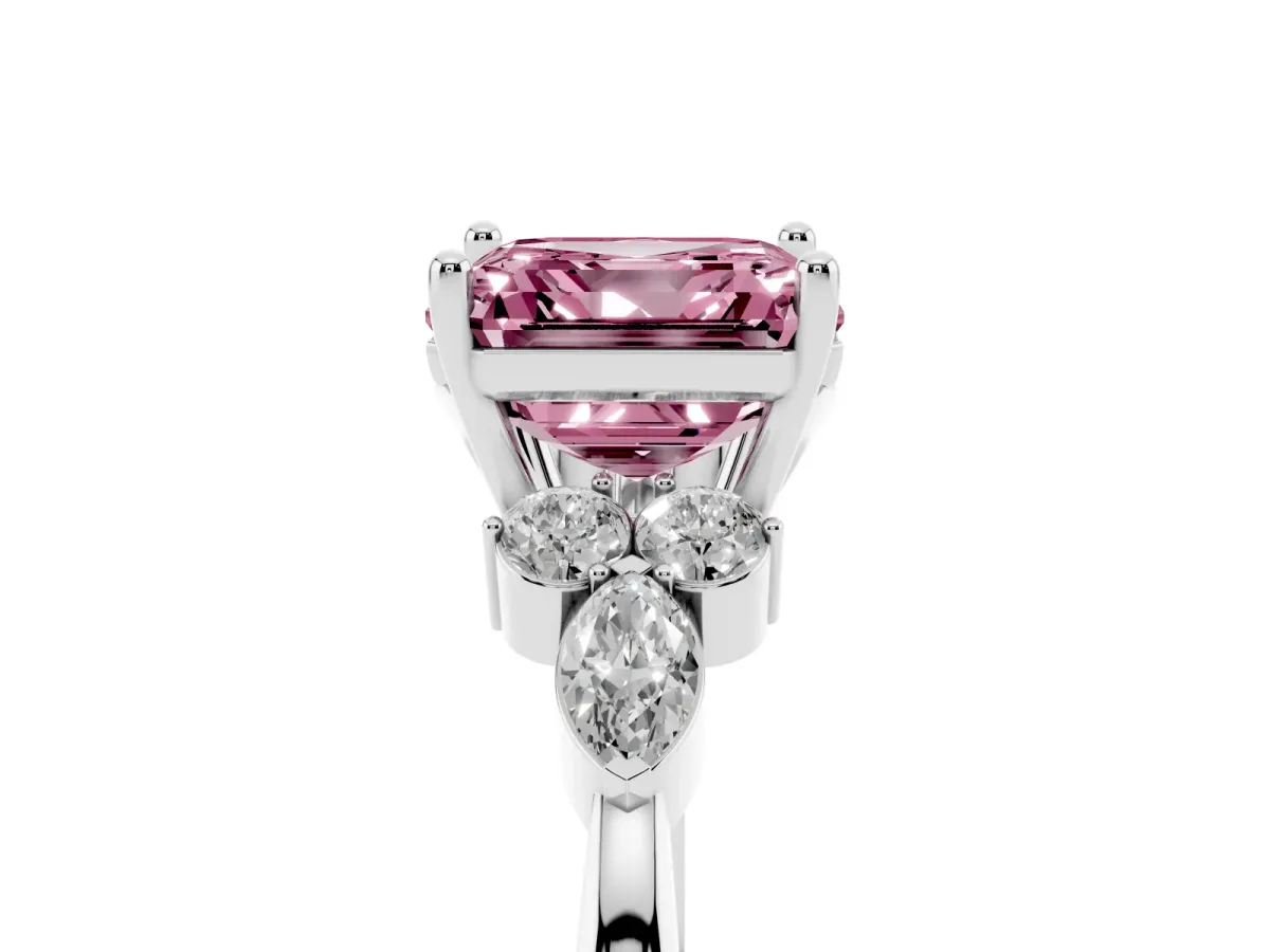 Fancy Pink Asscher Cut Brilliant Diamond Solitaire Ring with Pear Side Stones and Four-Prong Setting Platinum