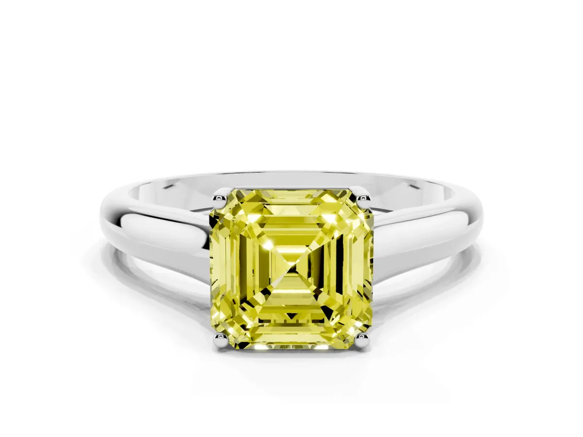 Fancy Yellow Asscher Cut Solitaire Engagement Ring with Tapered Band and Four-Prong Setting Platinum