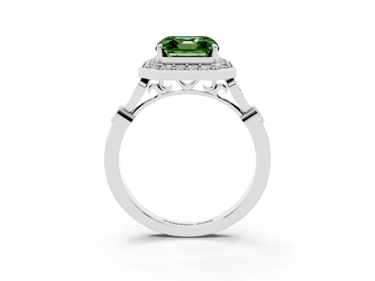 Fancy Green Asscher Cut Halo Diamond Engagement Ring with Twisted Band and Four-Prong Setting White gold