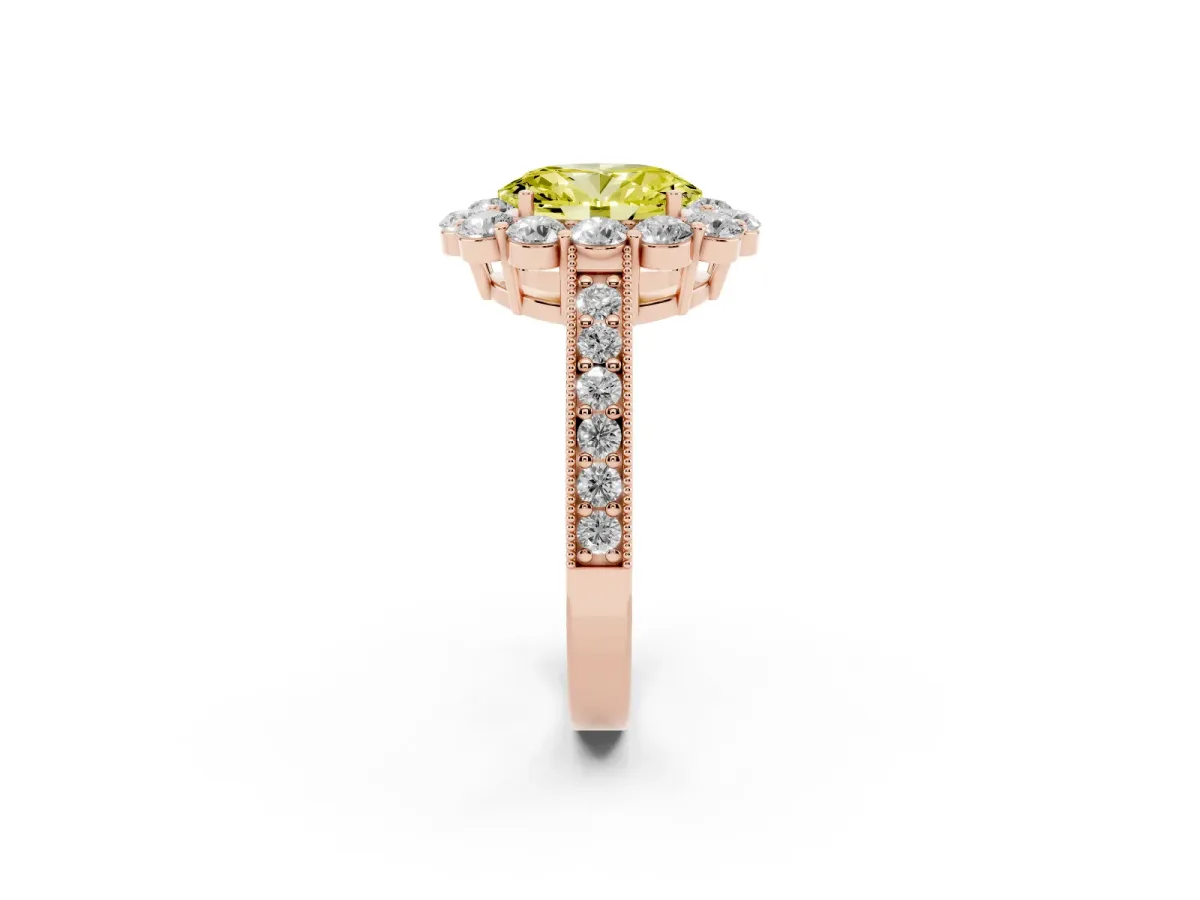 Fancy Yellow Oval Cut Cut Halo Diamond Pavé Engagement Ring with Milgrain Detailing Rose gold