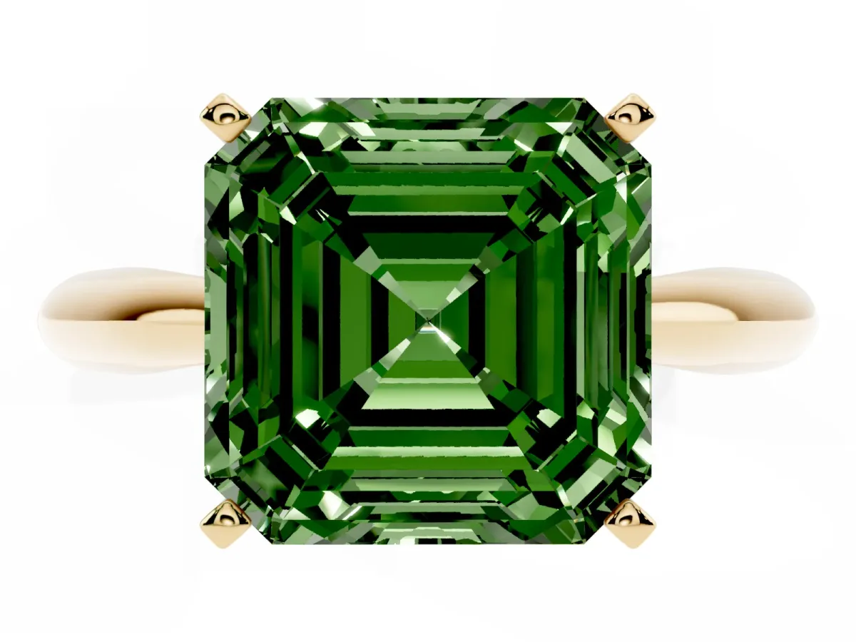 Fancy Green Asscher Cut Diamond Solitaire Engagement Ring with Cathedral Setting and Four-Prong Mount Yellow gold