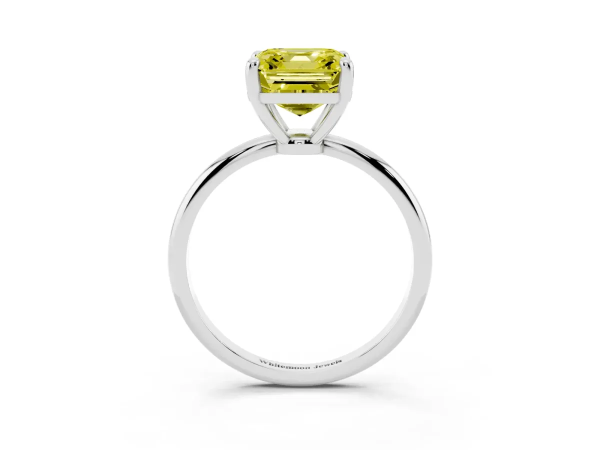 Fancy Yellow Asscher Cut Solitaire Diamond Ring with 4-Prong Setting on a Classic Band Silver