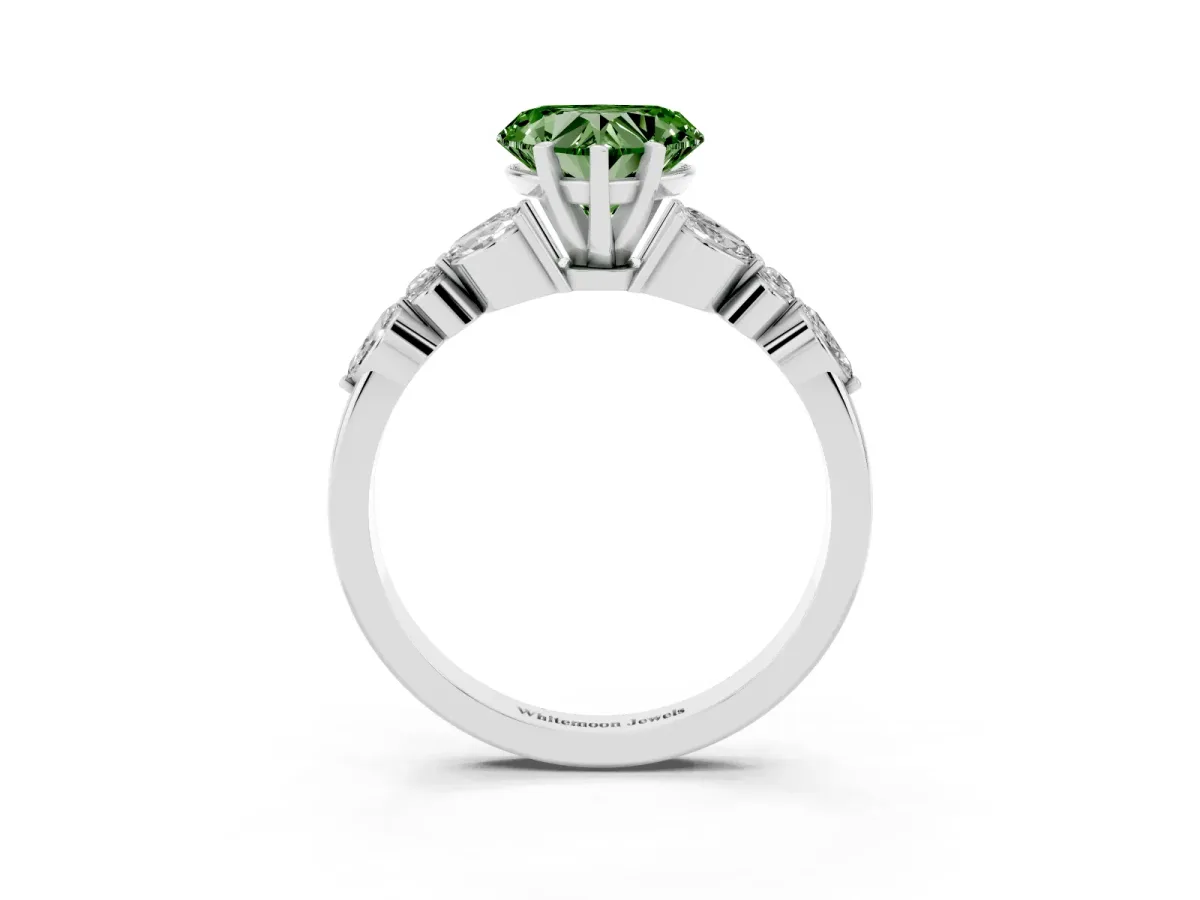 Fancy Green Heart Cut Diamond Solitaire Ring with Side Stones and Four-Prong Setting Silver