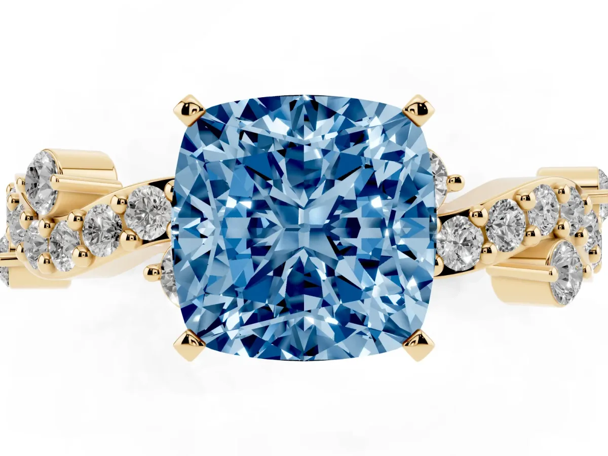 Fancy Blue Cushion Cut Cut Solitaire Diamond Twisted Band with Pave Setting Yellow gold