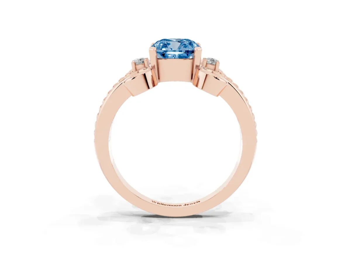 Fancy Blue Cushion Cut Solitaire Twisted Band Scroll Prong Ring Rose gold