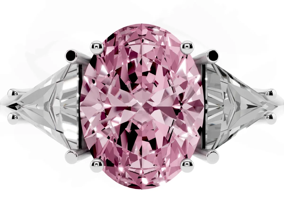 Fancy Pink Three-Stone Oval Cut Diamond Engagement Ring with Trillion Side Stones and Prong Setting Silver