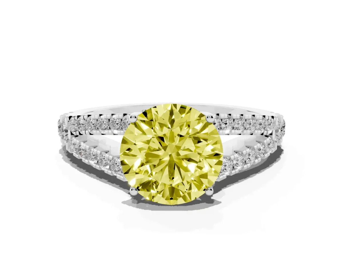 Fancy Yellow Round Cut Diamond Split Shank Engagement Ring with Round Pavé and Prong Setting Platinum