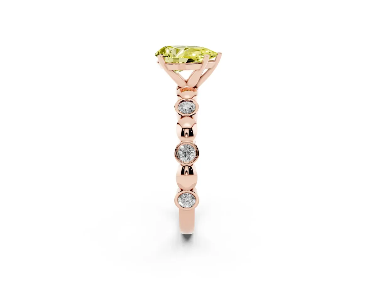 Fancy Yellow Pear Cut Solitaire Bezel-Set Diamond Ring with Beaded Band and Four-Prong Setting Rose gold