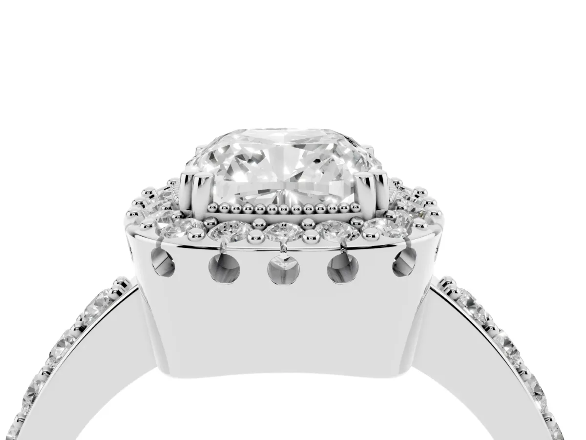 Cushion Cut Diamond Halo Ring with Pavé Band and Prong Setting Silver