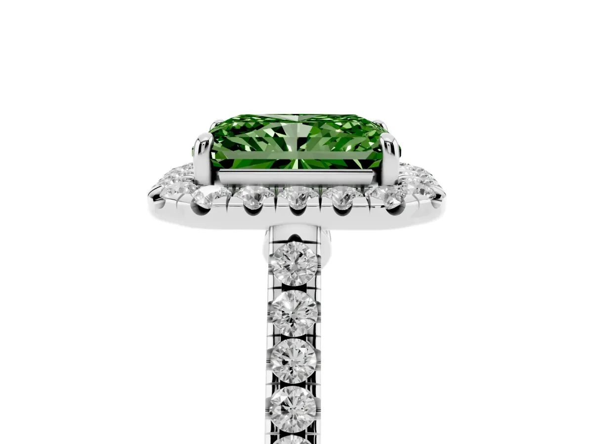 Fancy Green Radiant Cut Halo Pave Diamond Engagement Ring with Four-Prong Setting Silver