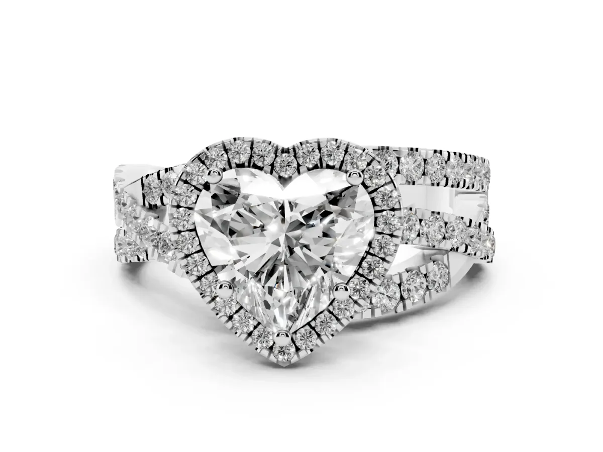 Heart Cut Diamond Halo Ring with Round Split Shank and Prong Setting White gold