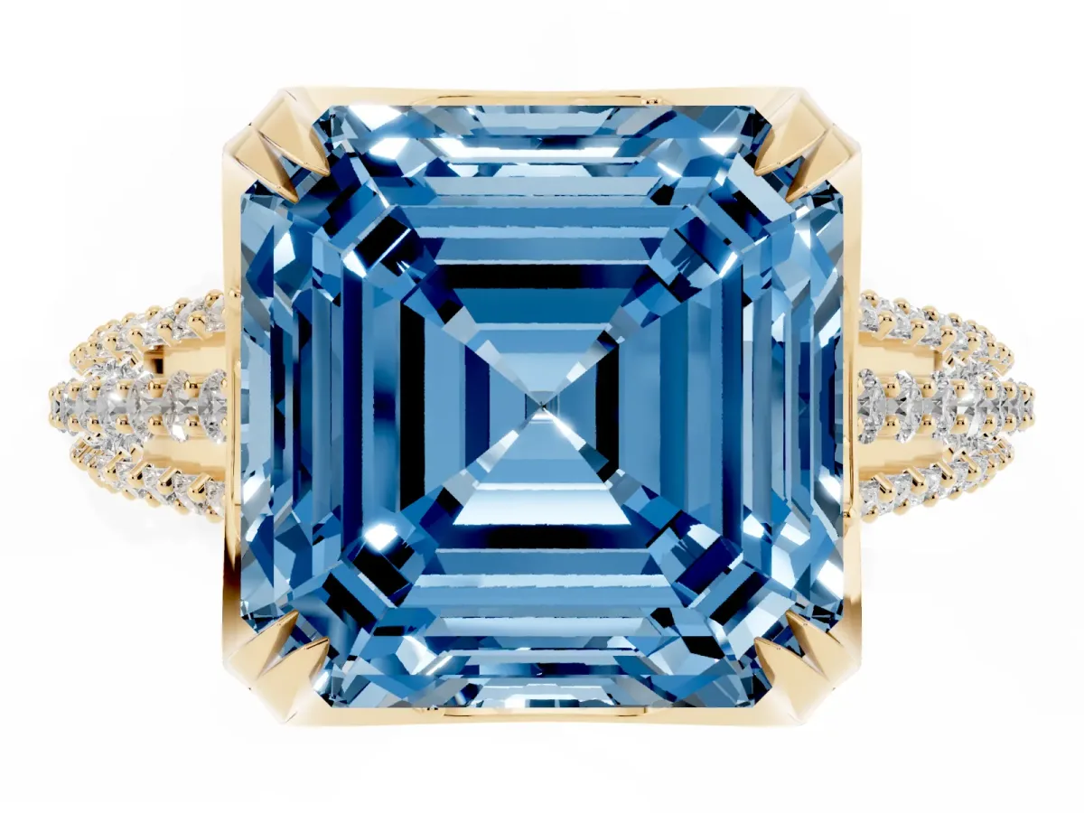 Fancy Blue Asscher Cut Solitaire Pave Split Shank Ring with Four-Prong Setting Yellow gold