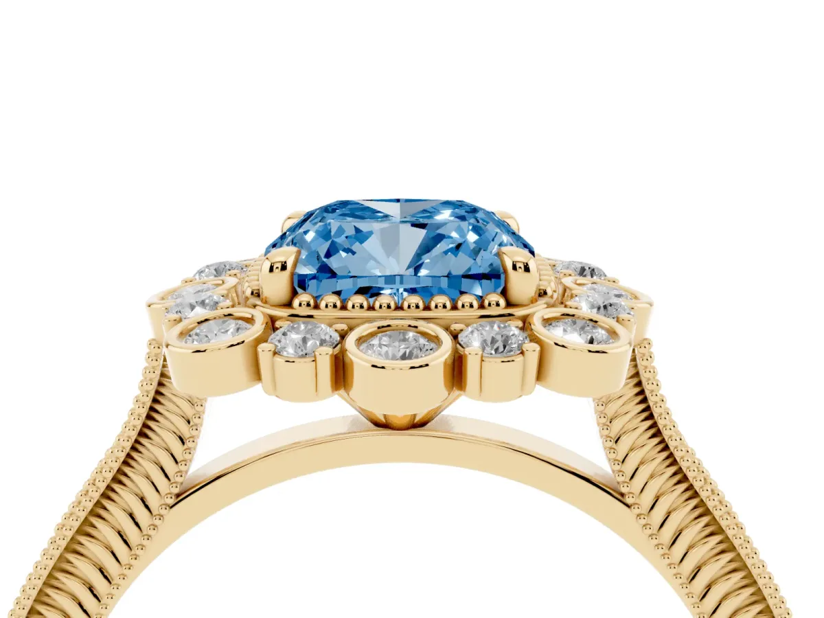 Fancy Blue Cushion Cut Halo Milgrain Pave Diamond Ring with Four-Prong Setting Yellow gold