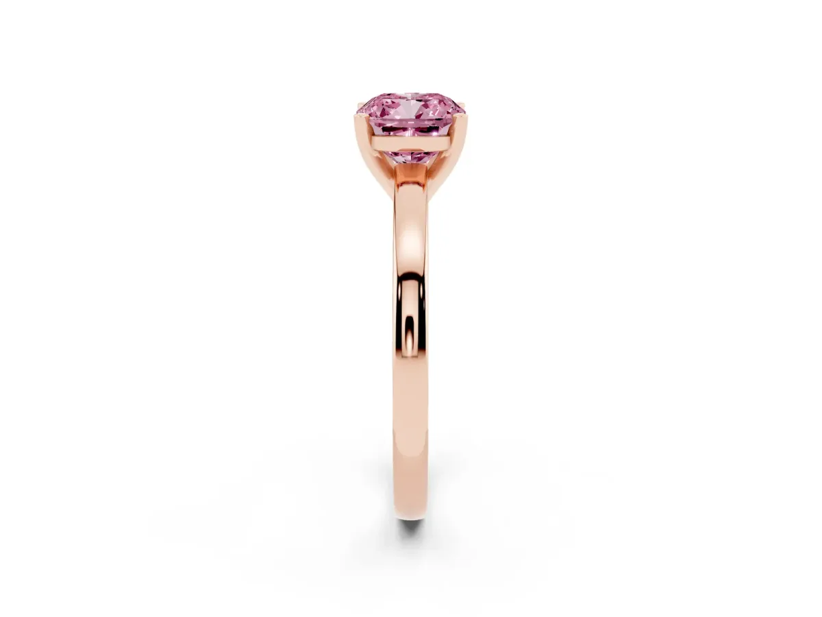 Fancy Pink Cushion Cut Solitaire Diamond Engagement Ring with Four-Prong Setting on a Classic Band Rose gold