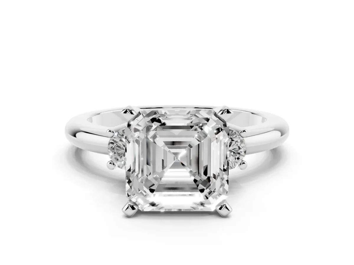 Three-Stone Asscher Cut Cut Diamond Solitaire with Prong Setting and Classic Band Platinum