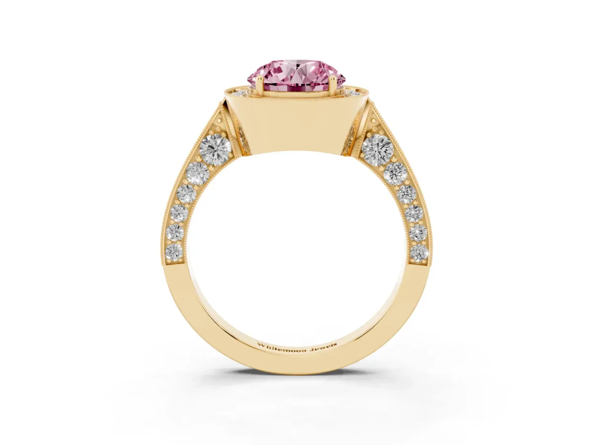 Fancy Pink Round Cut Halo Diamond Engagement Ring with Split Shank Band and Four-Prong Setting Yellow gold