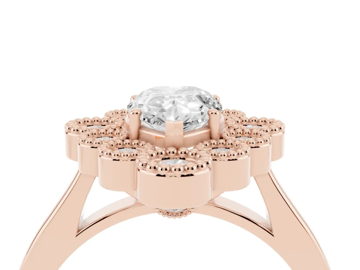 Pear Cut Halo Diamond Cluster Engagement Ring with Milgrain Bezel Setting and Solitaire Band Rose gold