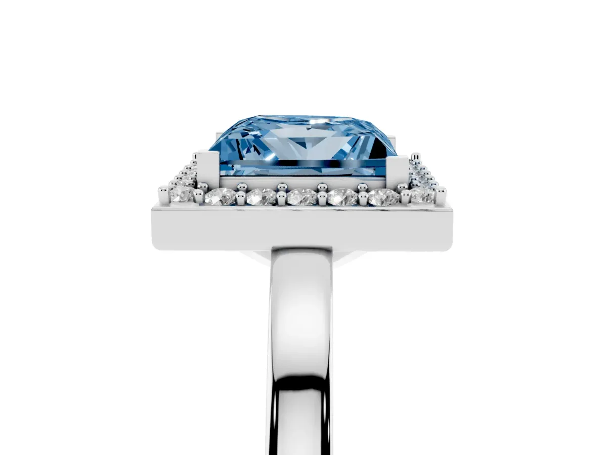 Fancy Blue Princess Cut Halo Diamond Ring with Solitaire Band and Prong Setting Silver