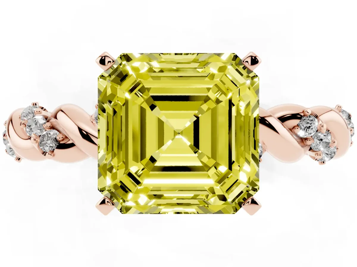 Fancy Yellow Asscher Cut Diamond Solitaire Ring with Twisted Band and Pavé Accents Rose gold