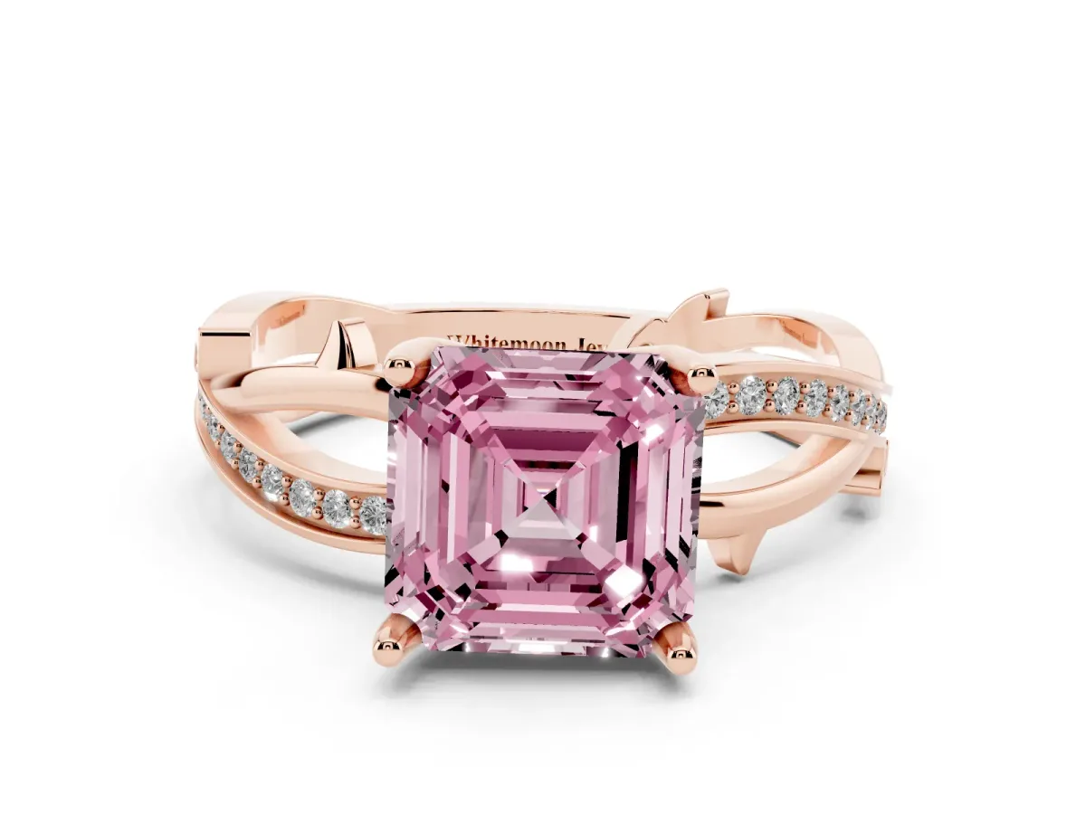 Fancy Pink Asscher Cut Solitaire Twist Band with Pavé Accents and Four-Prong Setting Rose gold