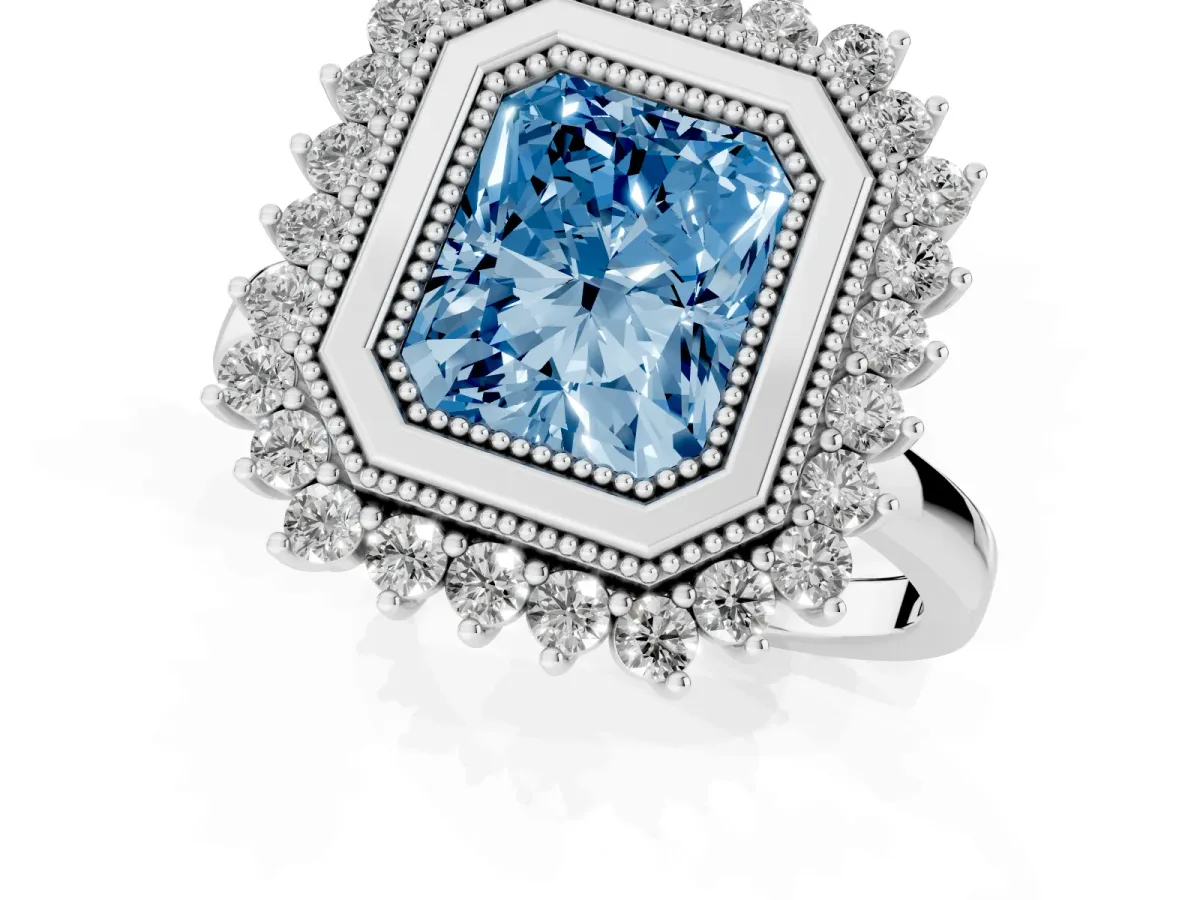 Fancy Blue Radiant Cut Halo Diamond Ring with Milgrain Edge and Round Prong Setting Silver
