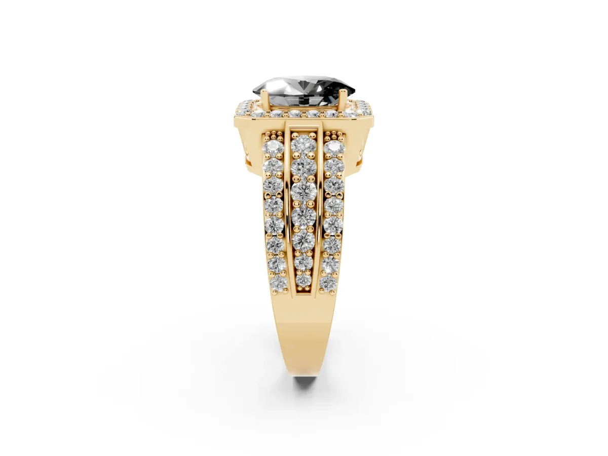 Fancy Black Oval Cut Halo Diamond Ring with Round Split Shank and Prong Setting Yellow gold