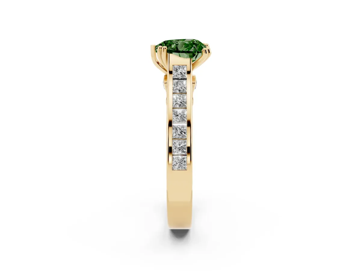 Fancy Green Heart Cut Cut Channel Set Solitaire Engagement Ring with Prong Setting Yellow gold