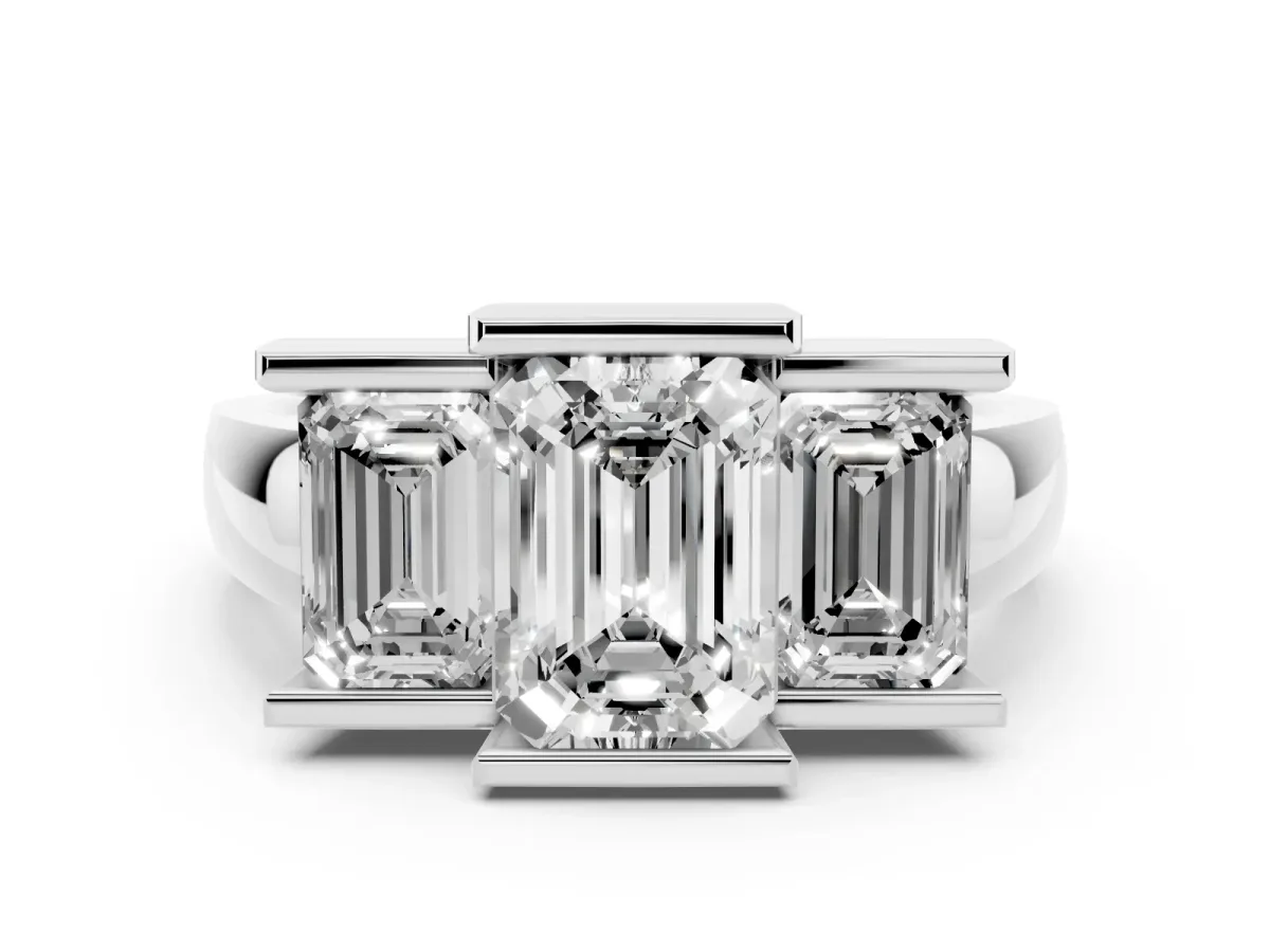 Three Stone Emerald Cut Cut Channel Set Diamond Ring Platinum