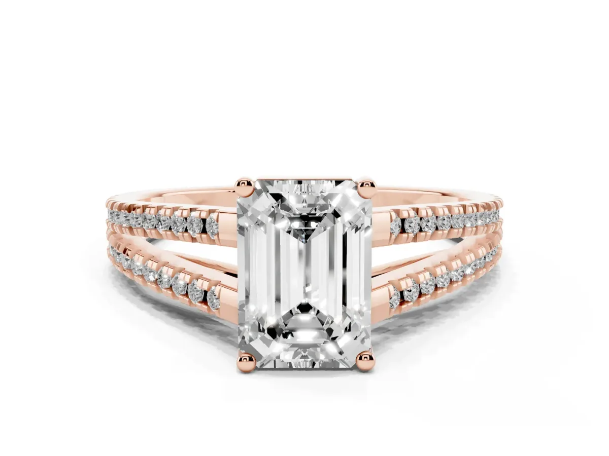 Emerald Cut Diamond Solitaire Engagement Ring with Split Shank Pavé Band Rose gold
