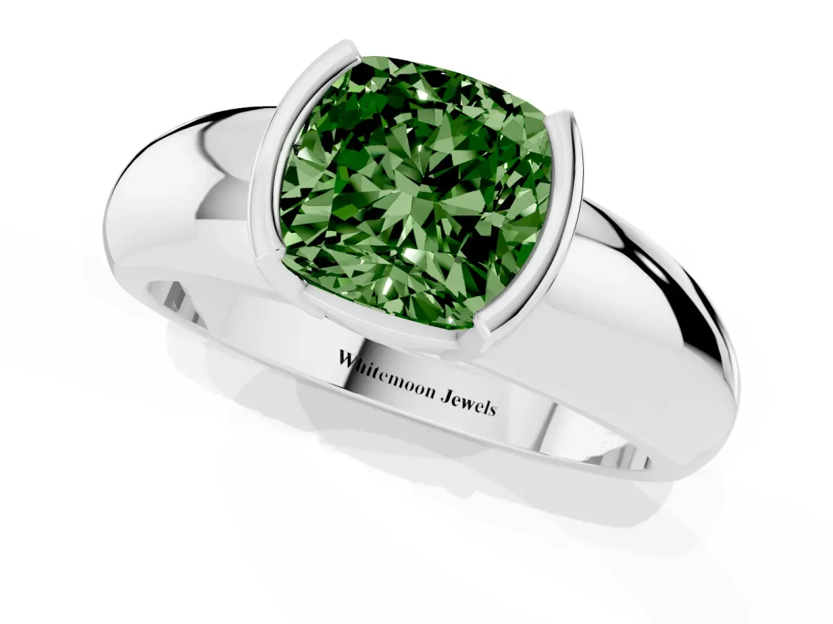 Fancy Green Cushion Cut Solitaire Tension Set Diamond Ring with Wide Band White gold