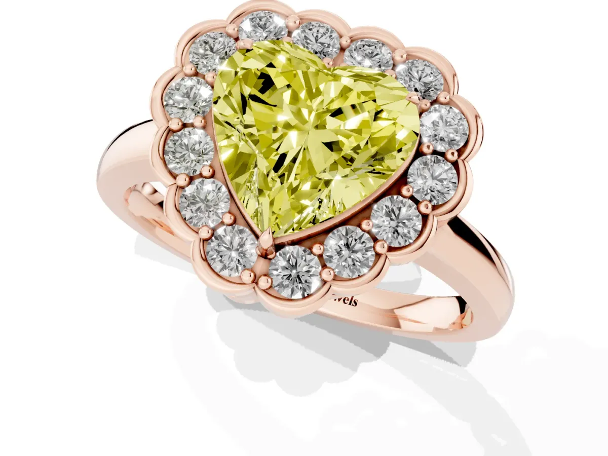 Fancy Yellow Heart Cut Halo Cluster Diamond Engagement Ring with Solitaire Band and Prong Setting Rose gold